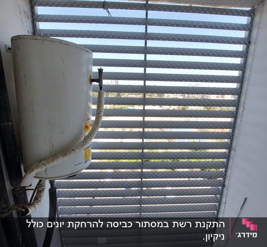 רשת מתכת מותקנת על חלון למניעת כניסת יונים